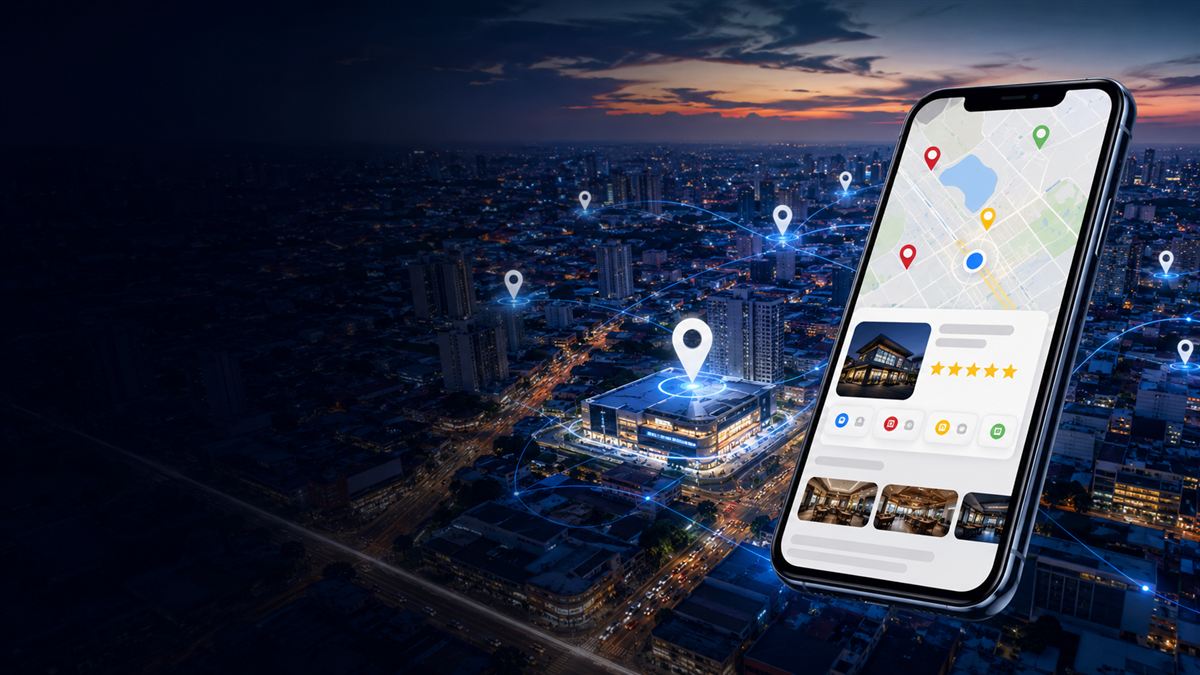 Celular exibindo o Perfil da Empresa no Google Maps sobre uma cidade à noite