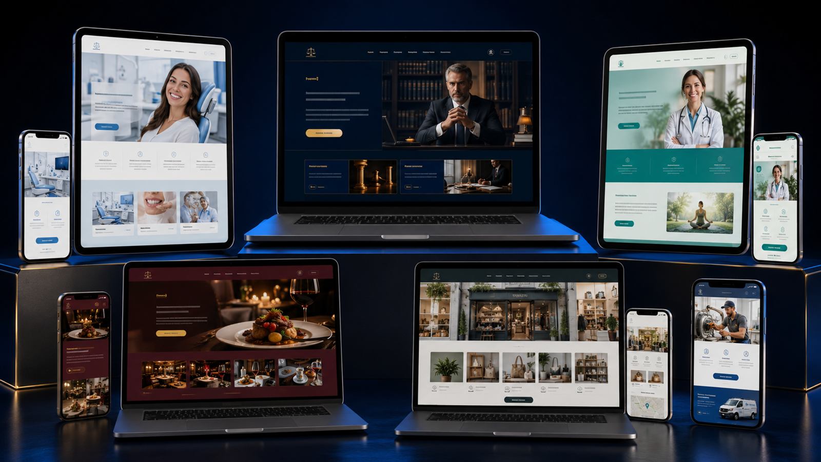 Composição de projetos demonstrativos de sites em notebooks, tablets e celulares