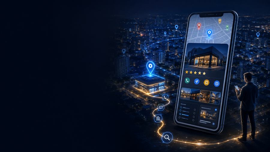Celular exibindo o Perfil da Empresa no Google com fotos, avaliações e botões de contato