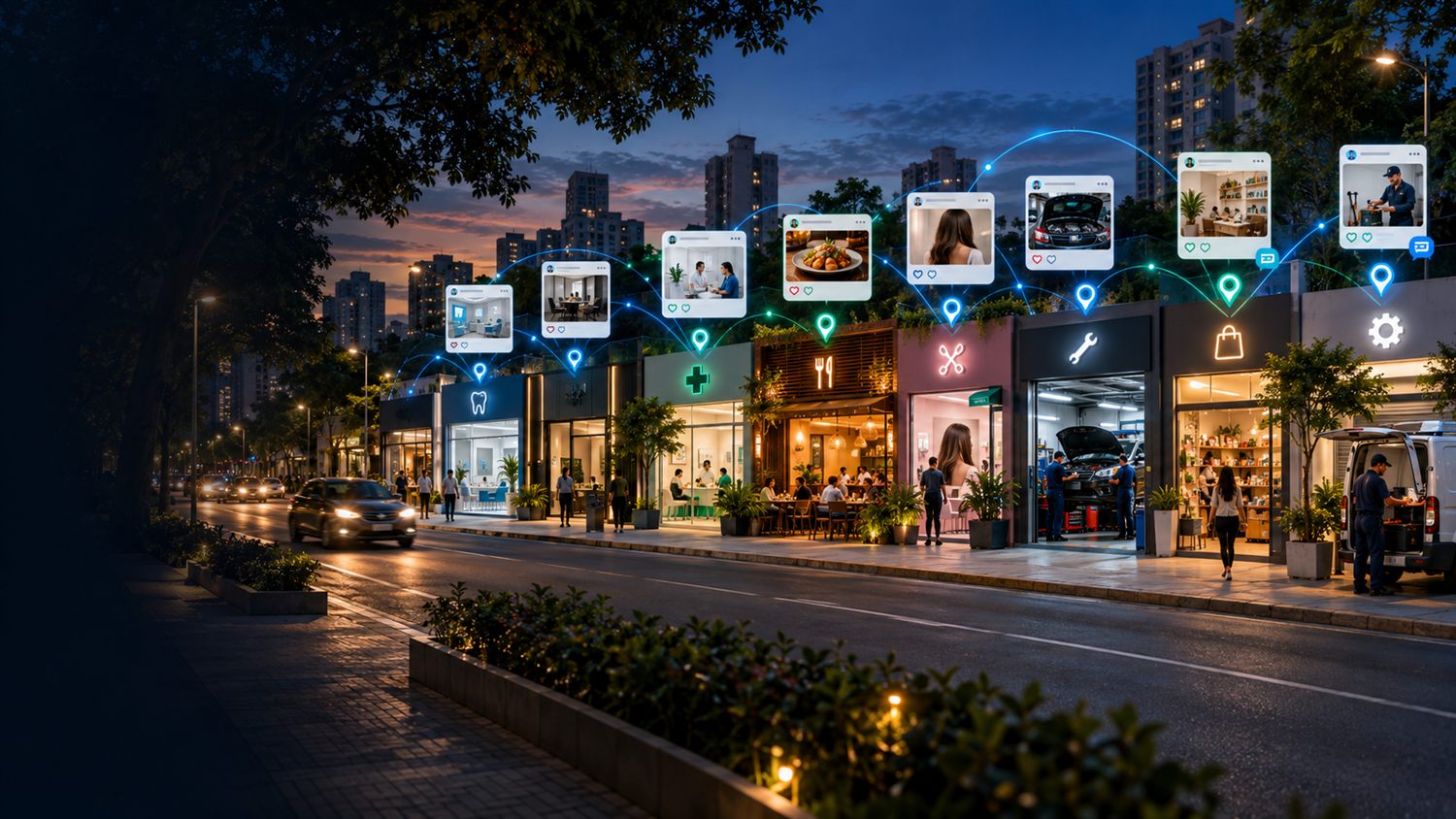 Negócios locais de uma rua comercial conectados ao mapa e à internet.