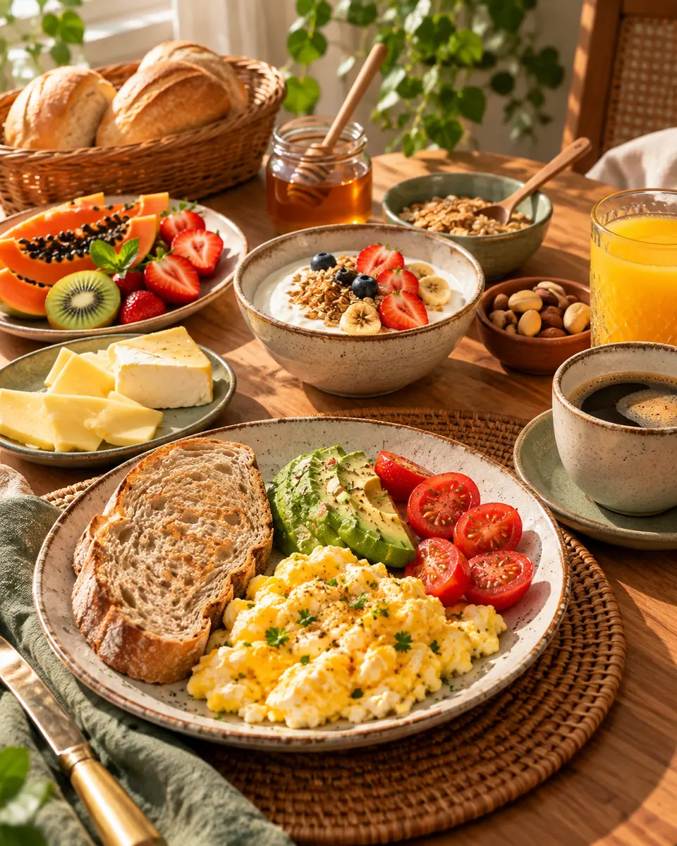 Café da manhã real com pão integral, ovos mexidos, abacate, frutas, iogurte e café