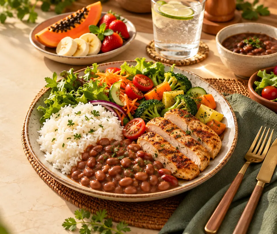 Prato brasileiro equilibrado com arroz, feijão, frango grelhado e salada colorida, ao lado de frutas e um copo de água