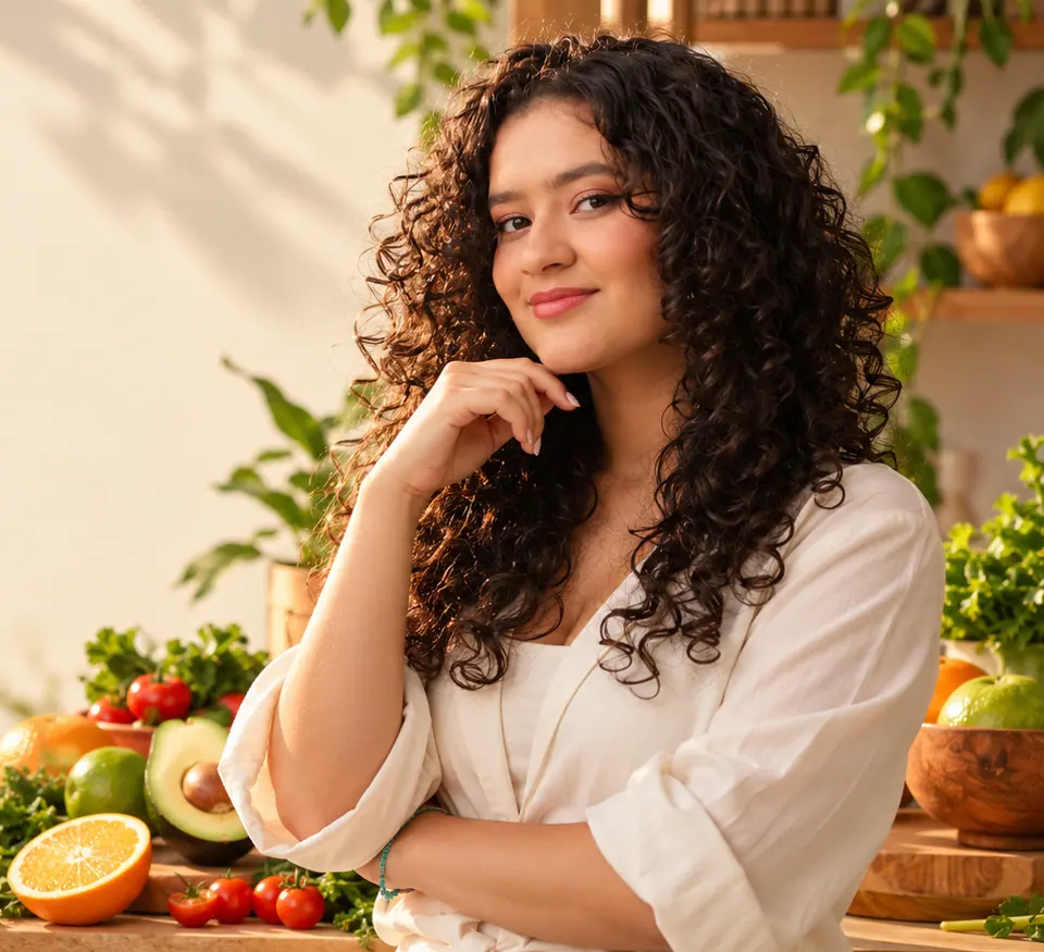 Kellen Josab, nutricionista, sorrindo com a mão no queixo em uma cozinha iluminada, rodeada de plantas e alimentos frescos