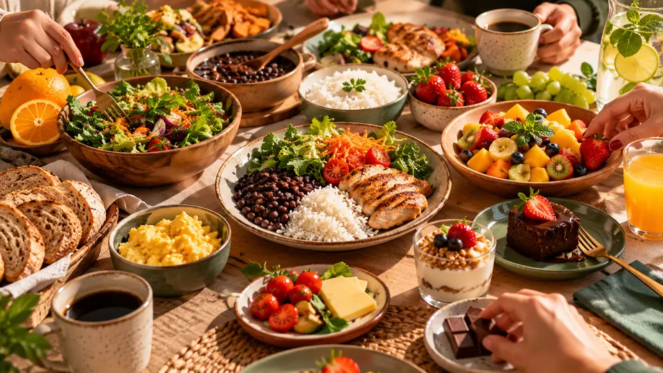 Mesa farta com comida de verdade: arroz, feijão, frango, saladas, pães, frutas, café e até um pedaço de chocolate