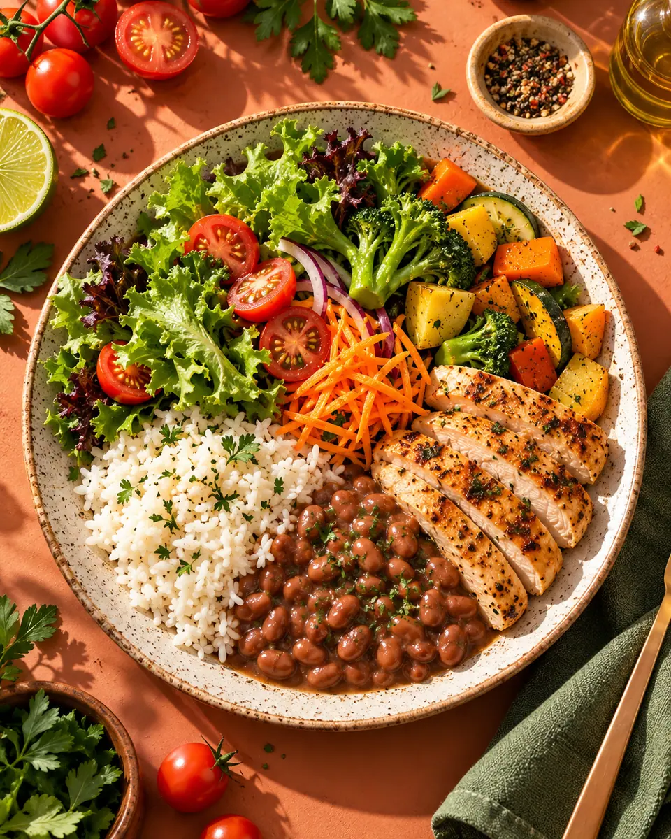 Vista de cima de um prato brasileiro com arroz, feijão, frango grelhado, salada verde, tomate, cenoura e legumes assados
