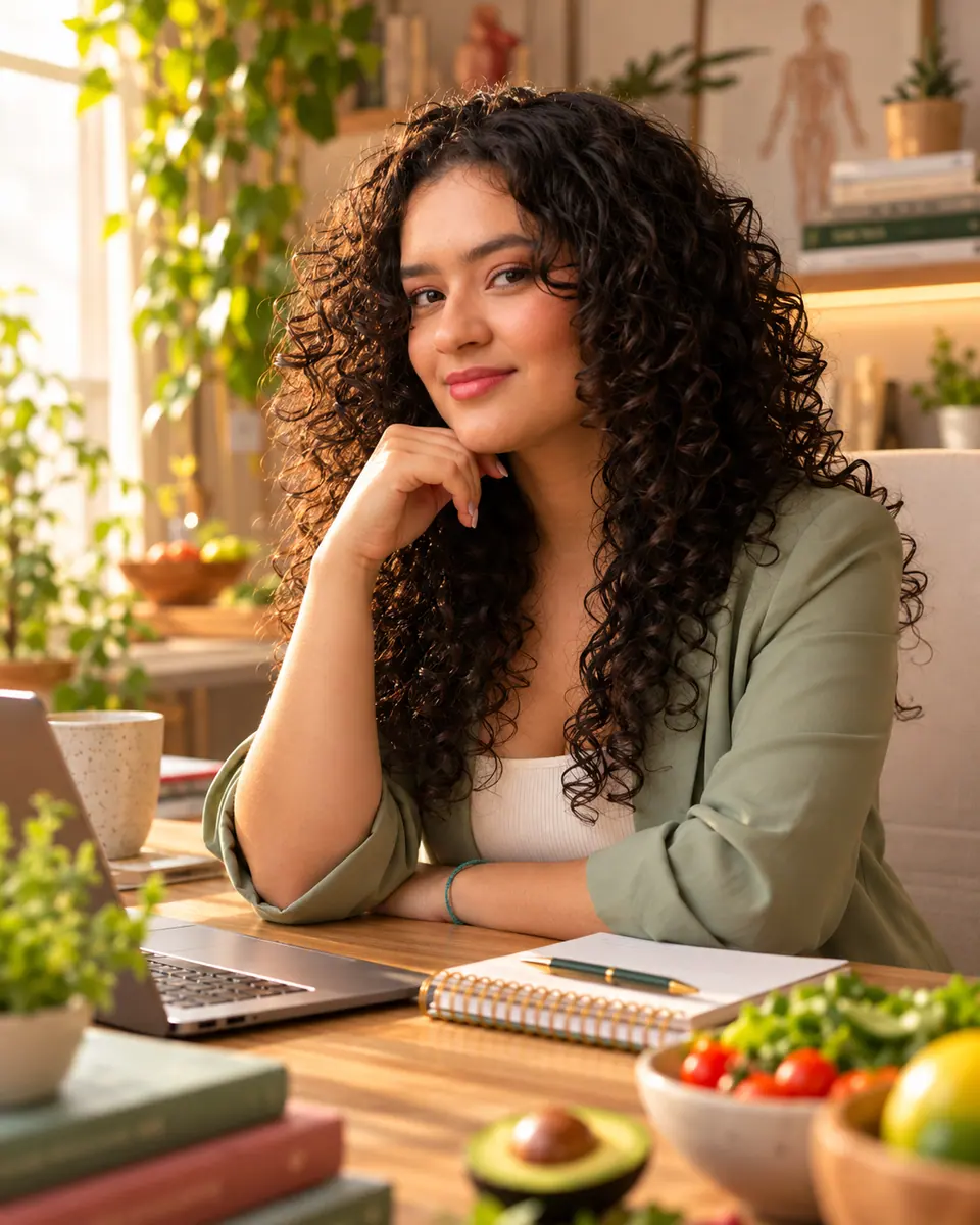 Kellen Josab sentada à mesa de trabalho com notebook, caderno e alimentos frescos, em um consultório claro com plantas
