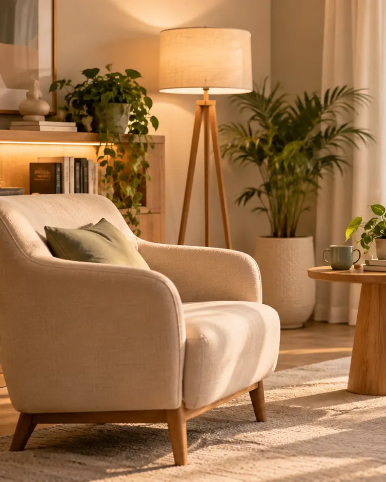 Ambiente acolhedor com poltrona clara, luminária, plantas e luz natural entrando pela janela
