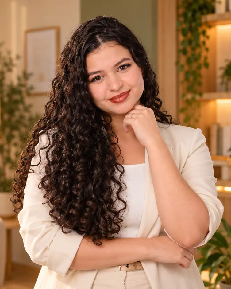 Kimberlly Pablinni, psicóloga, sorrindo em pé, com os braços cruzados de forma leve