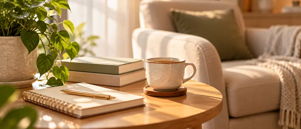 Mesa de apoio com xícara de chá, caderno e livros ao lado de uma poltrona clara, sob a luz da tarde