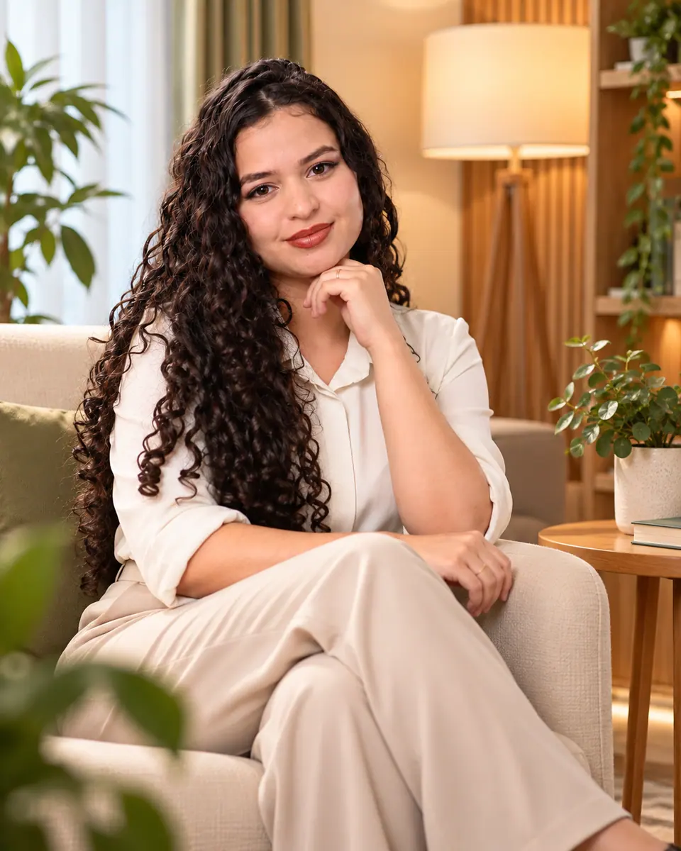 Kimberlly Pablinni, psicóloga, sentada em uma poltrona clara, em ambiente acolhedor