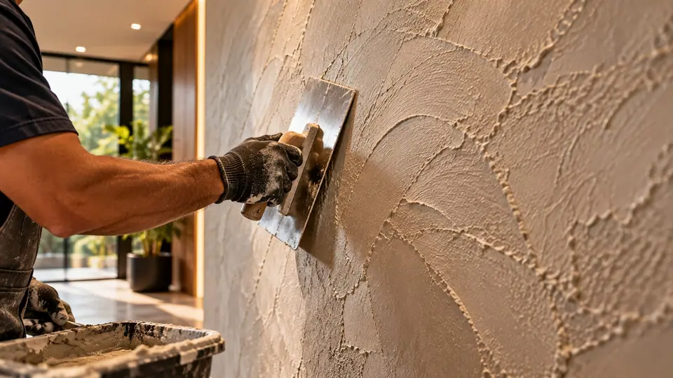 Profissional aplicando textura em relevo na parede com desempenadeira