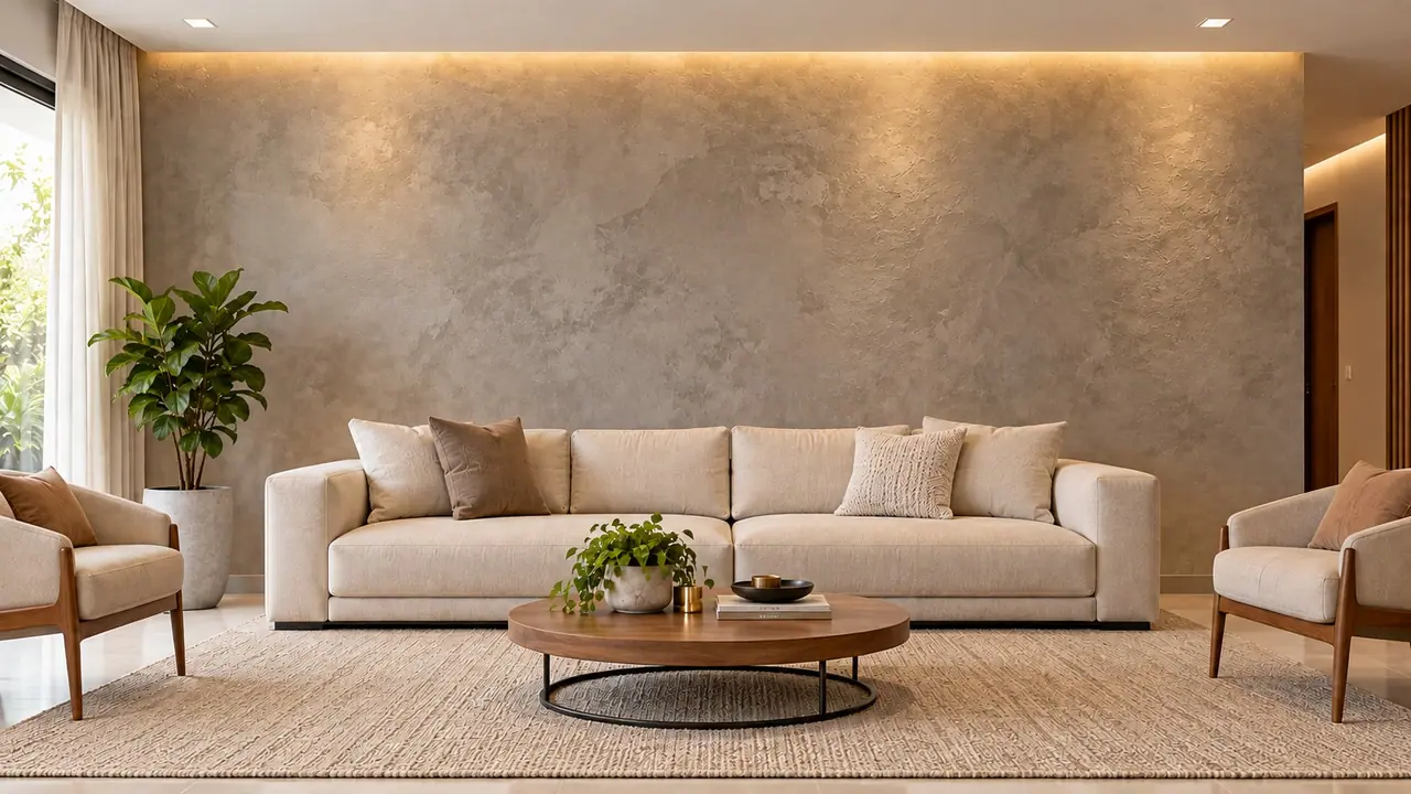 Depois: sala de estar com parede em revestimento m2