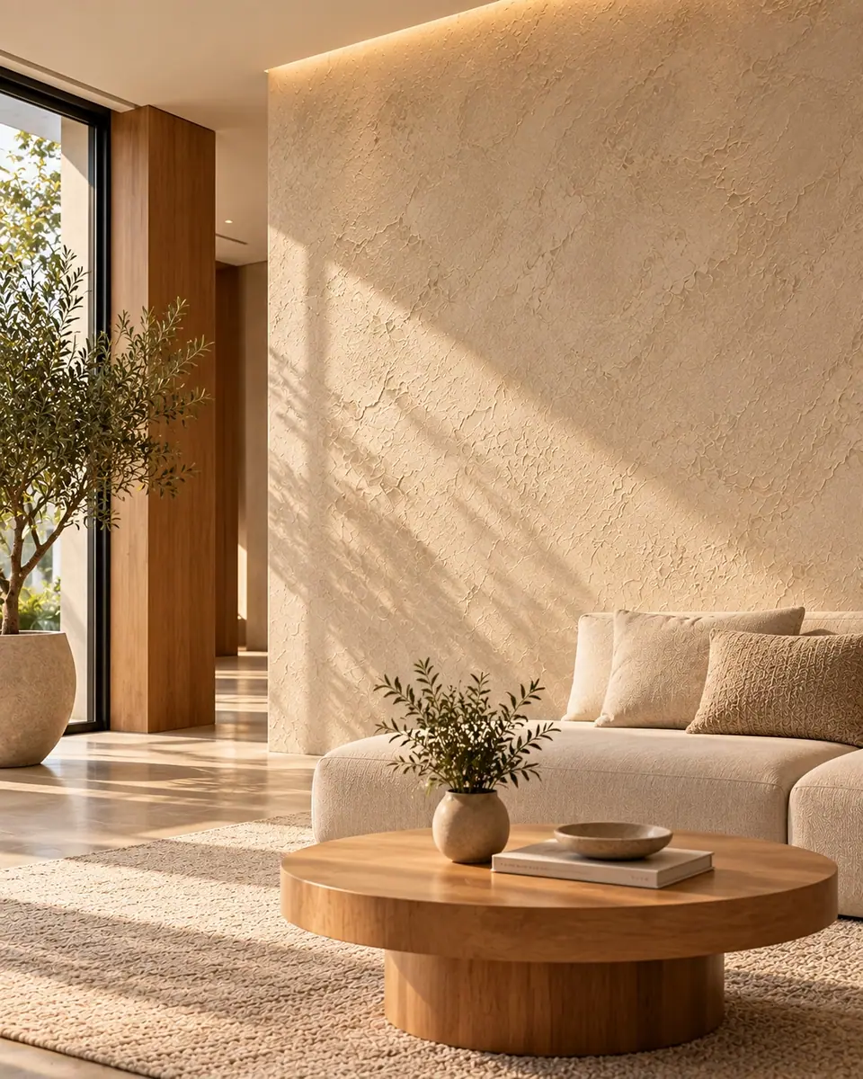 Ambiente minimalista com parede texturizada banhada de luz natural, sofá claro e mesa de madeira