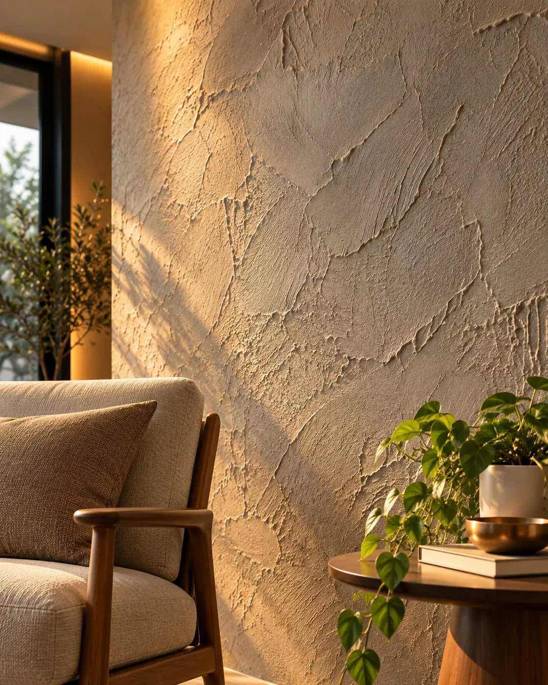 Parede com textura em relevo iluminada pela luz dourada da tarde, ao lado de uma poltrona e plantas