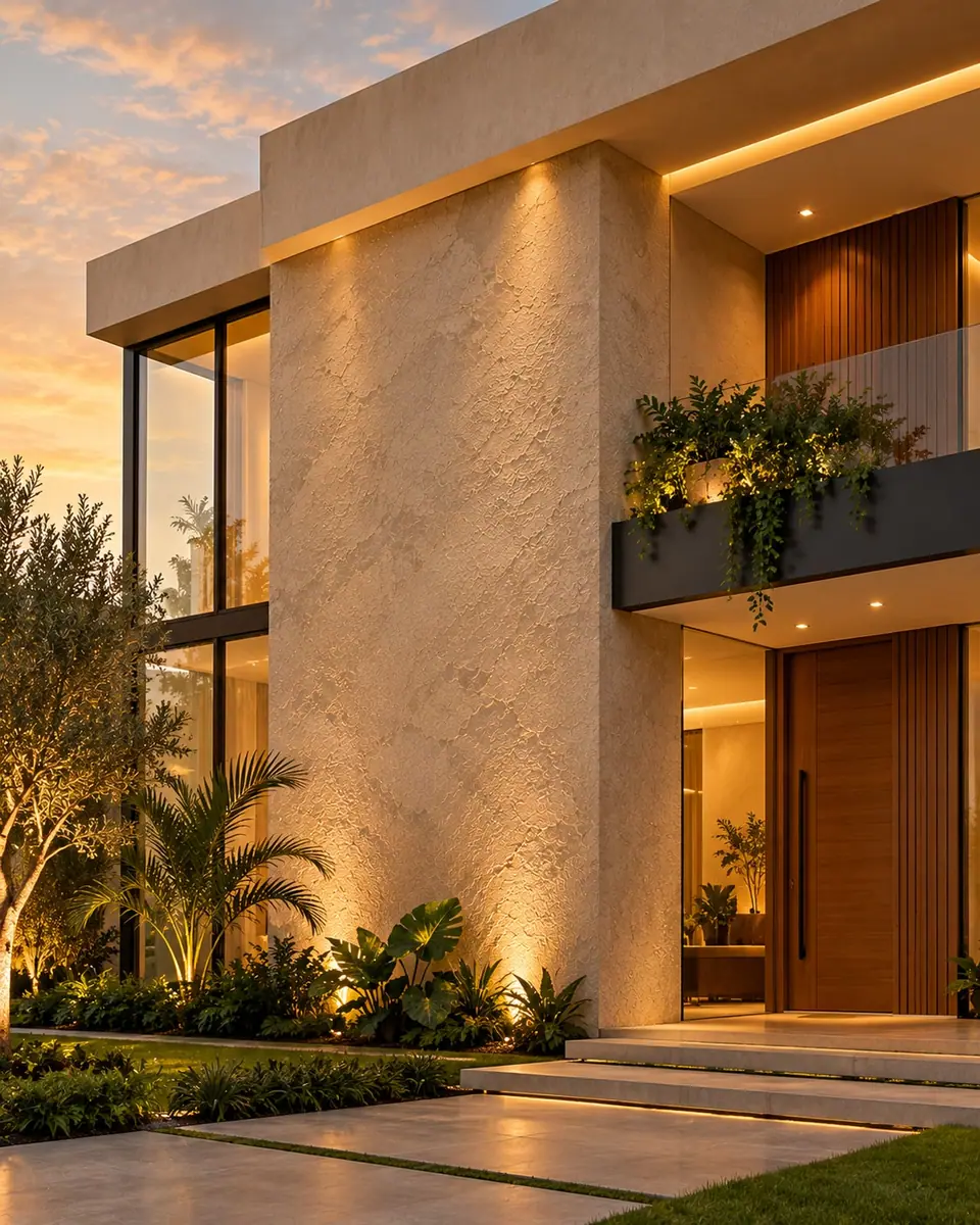 Fachada residencial com revestimento texturizado claro iluminado ao entardecer
