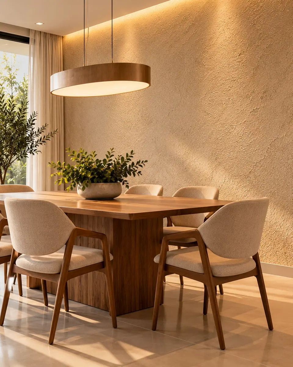 Sala de jantar com parede texturizada em tom areia e luminária pendente