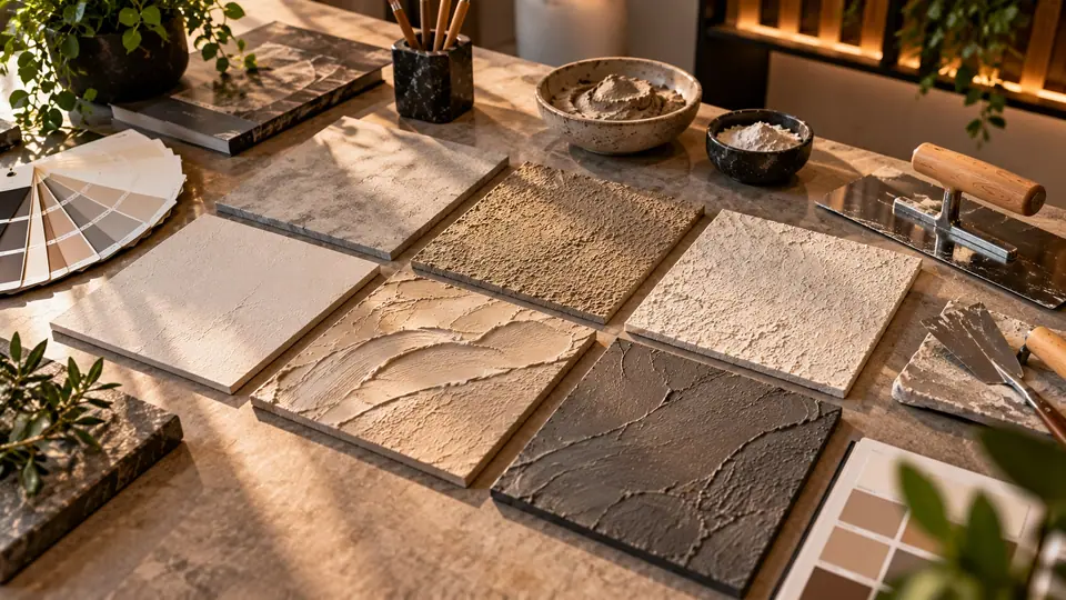 Amostras de texturas M2 sobre a bancada, com cartela de cores, espátulas e materiais de aplicação